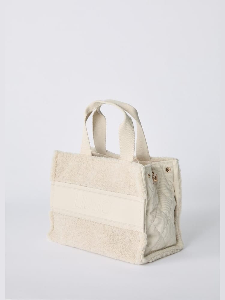 Liu-jo borsa tote junior piccola in teddy bianco con logo