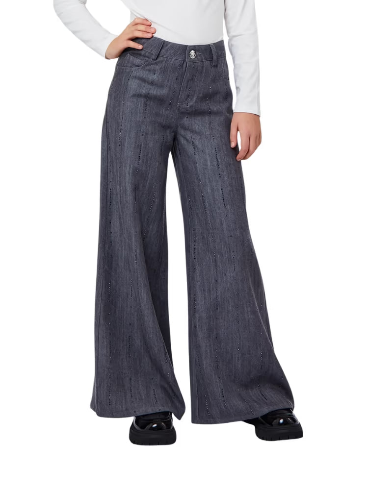 Liu-jo jeans in denim scuro con applicazione strass wide leg