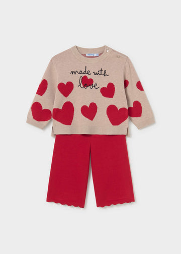 Completo pantalone e maglione cuori bimba